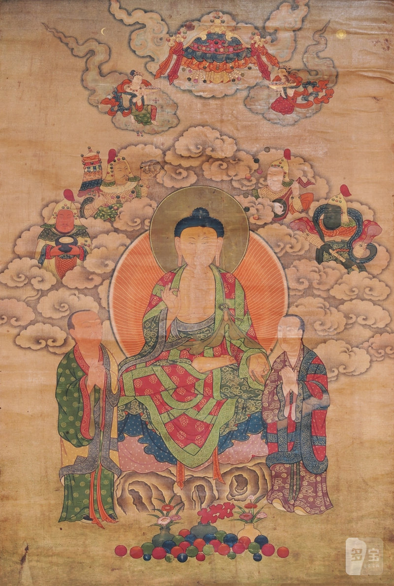 18 世纪 第十世噶玛巴・却英多杰风格 释迦牟尼佛与二弟子唐卡